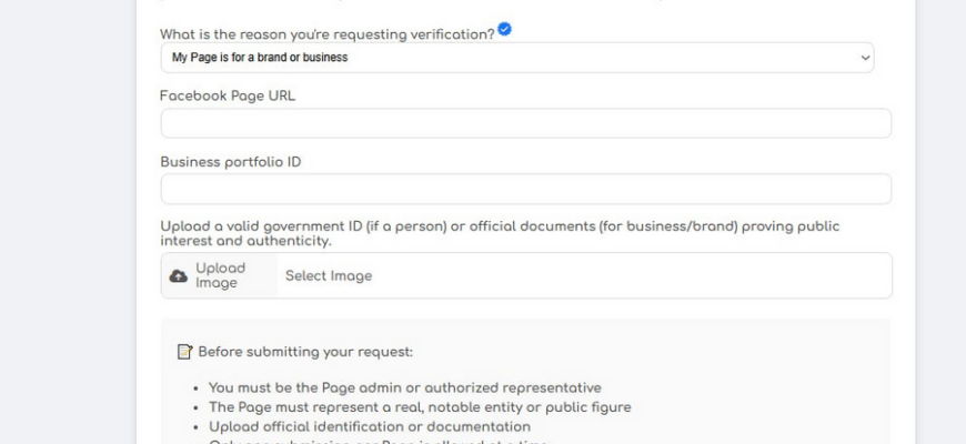 Интерфейс заявки на верификацию Meta
